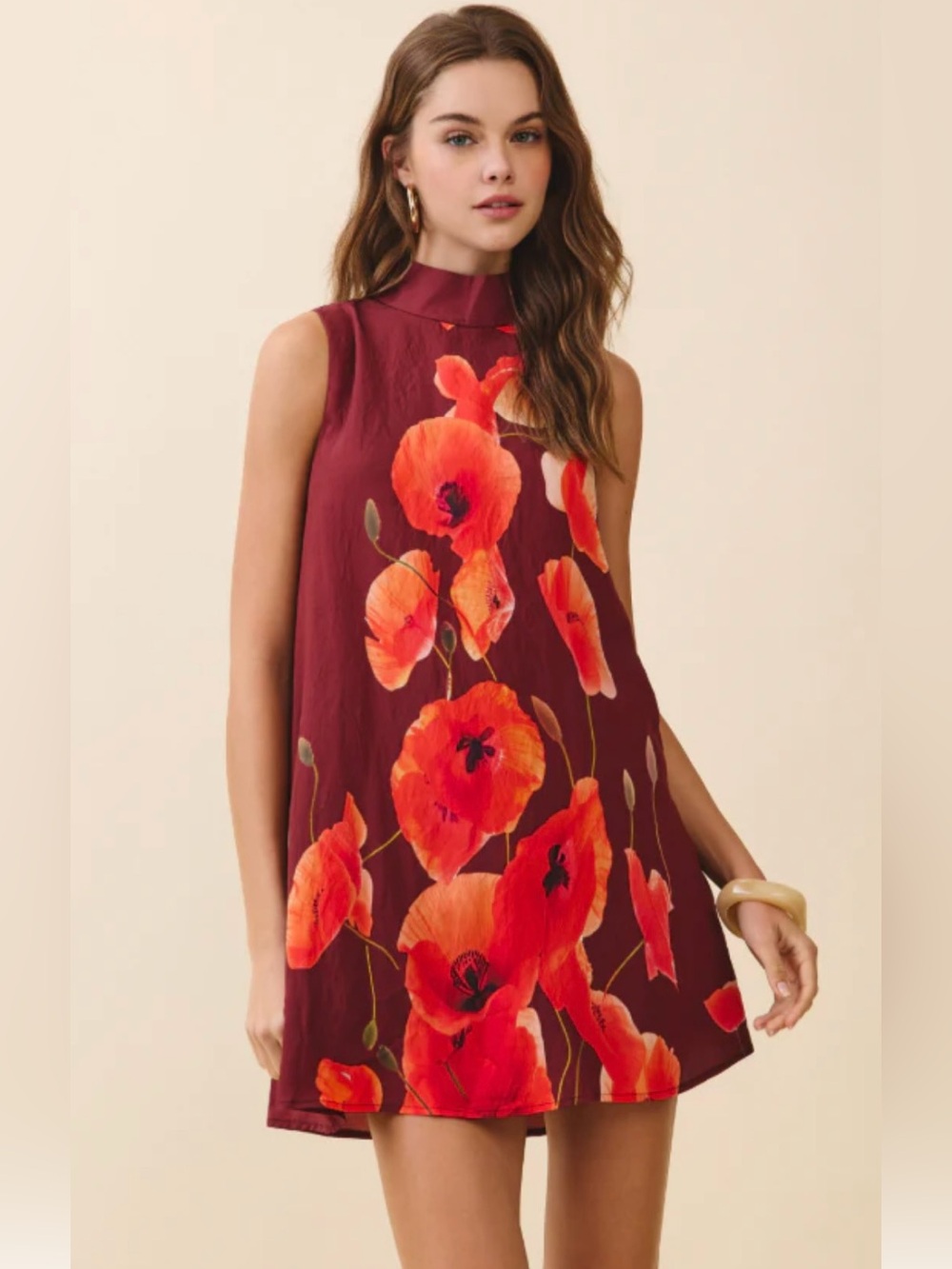 TCEC Burgundy Mini Dress with Bold Orange Red Poppy Print